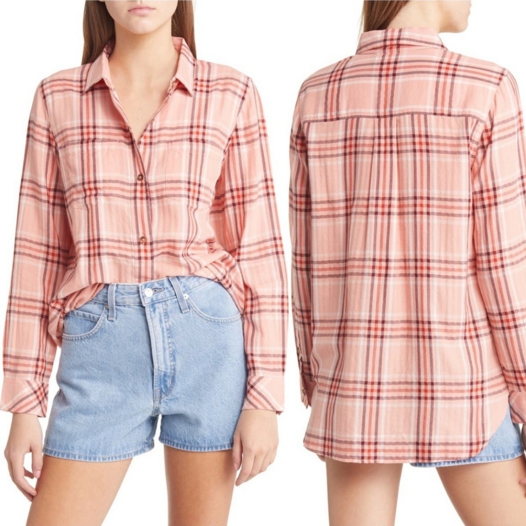 Madewell Classic Ex-Boyfriend Button-Up Shirt Plaid Forgotten Petal Size Medium